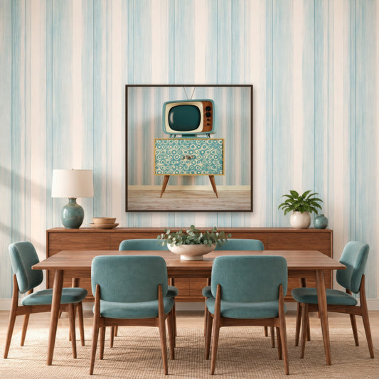 Teal Retro TV on a Patterned Cabinet mid-century modern wall art in a dining room