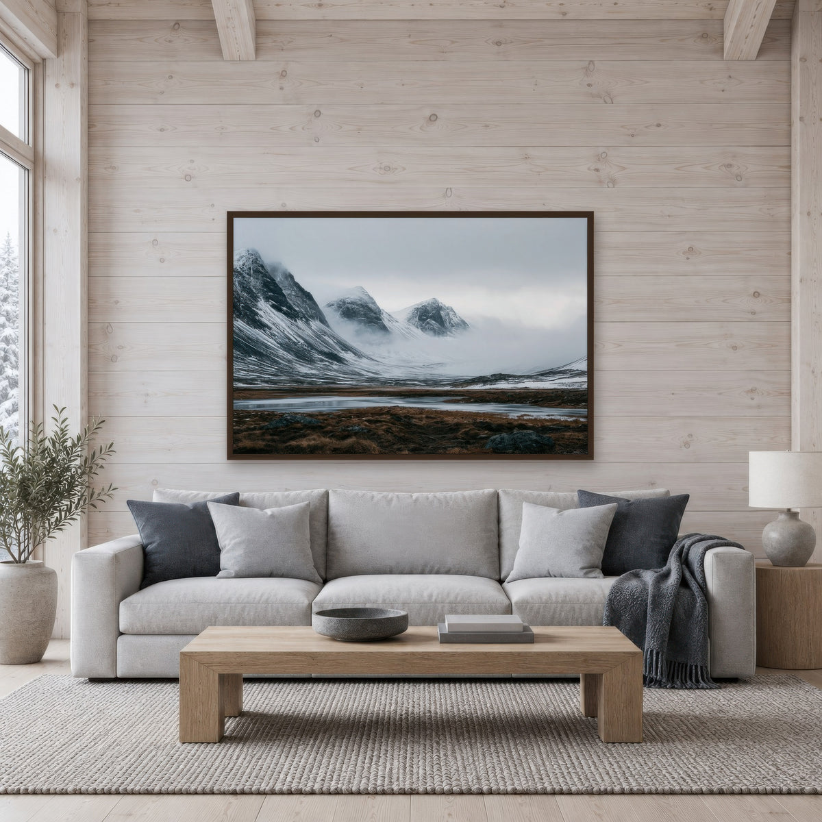 Foggy Snow-Covered Mountain Valley scandinavian wall art in a living room