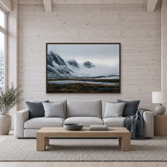 Foggy Snow-Covered Mountain Valley scandinavian wall art in a living room