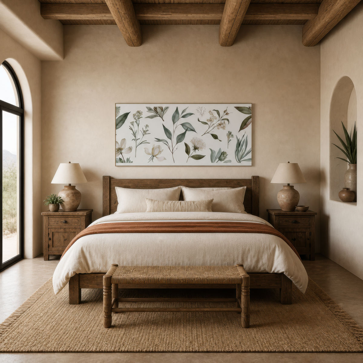 Cream Blossoms and Green Leaf Sprigs wall art print, alternate room view