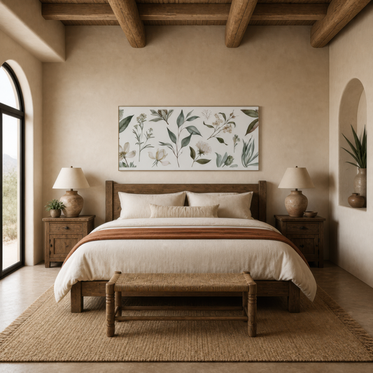 Cream Blossoms and Green Leaf Sprigs wall art print, alternate room view