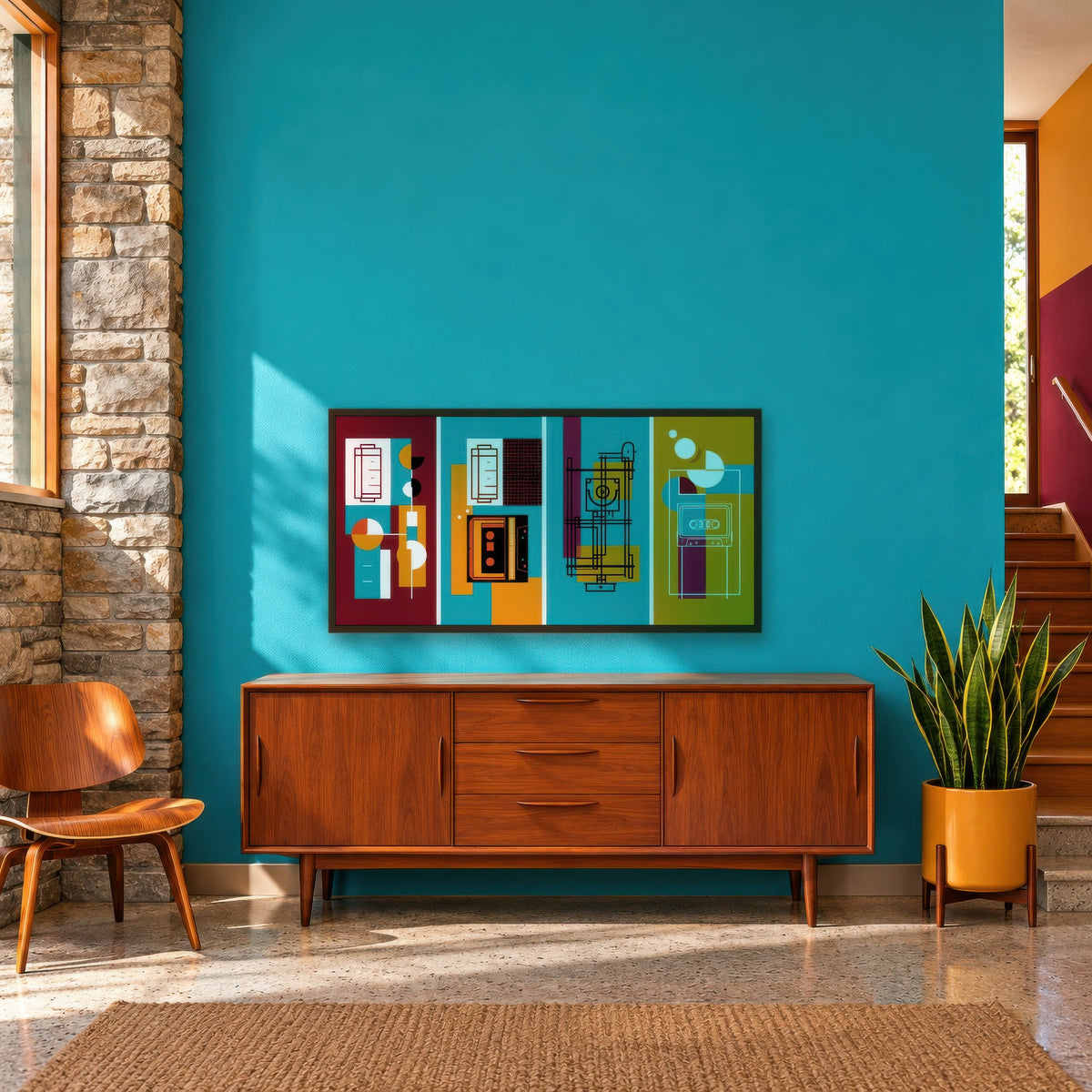 Retro Tech Blueprint Abstract mid-century modern wall art in an entryway