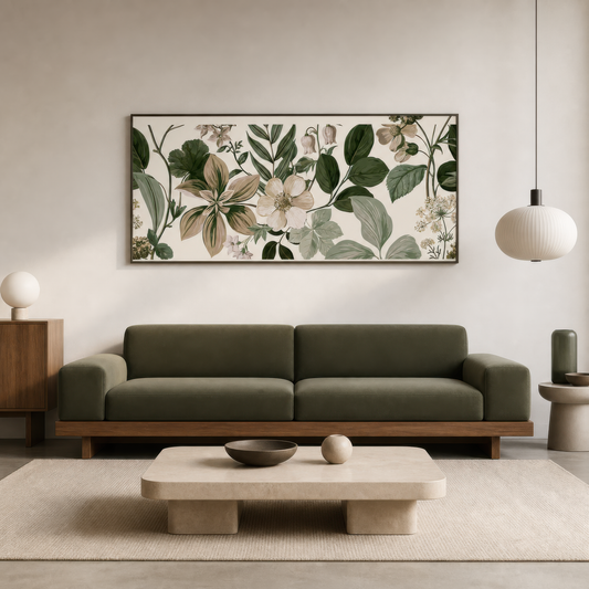 Vintage Floral Botanical Study wall art print staged in a room