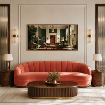 Sunlit drawing room above a coral curved sofa on a cream wall with fluted columns
