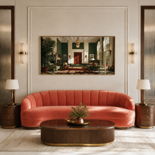 Sunlit drawing room above a coral curved sofa on a cream wall with fluted columns