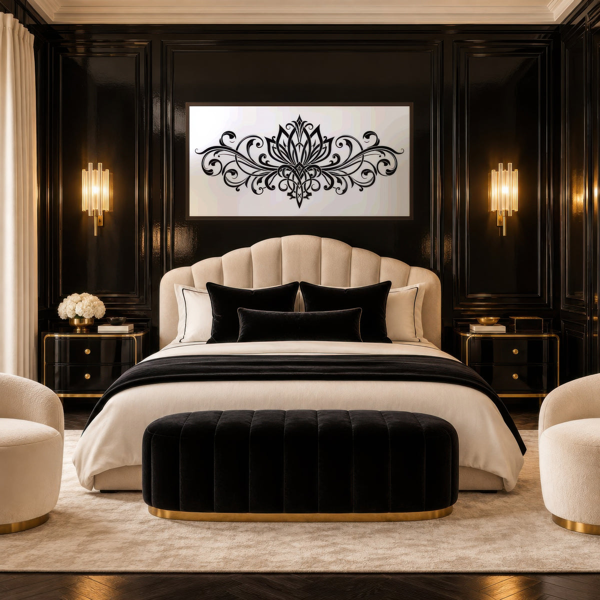 Black Lotus Scrollwork art deco wall art in a bedroom