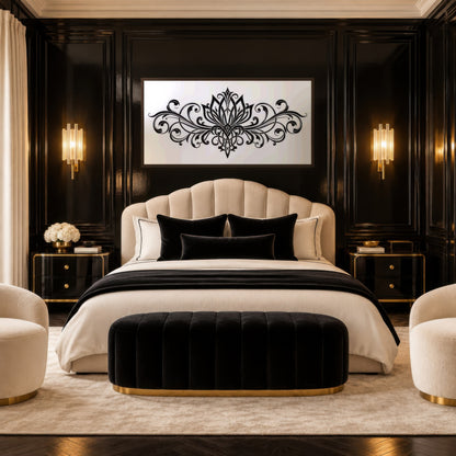 Black Lotus Scrollwork art deco wall art in a bedroom