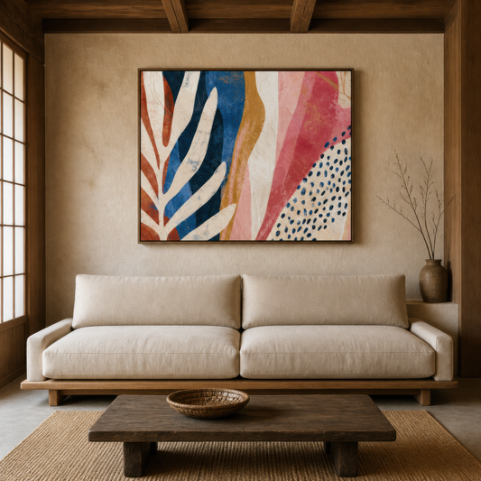Navy and rust leaf shape artwork above a cream sofa in a plaster room with a low wood table