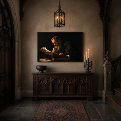 Scholar by candlelight above a carved gothic sideboard in an entryway with a lantern pendant