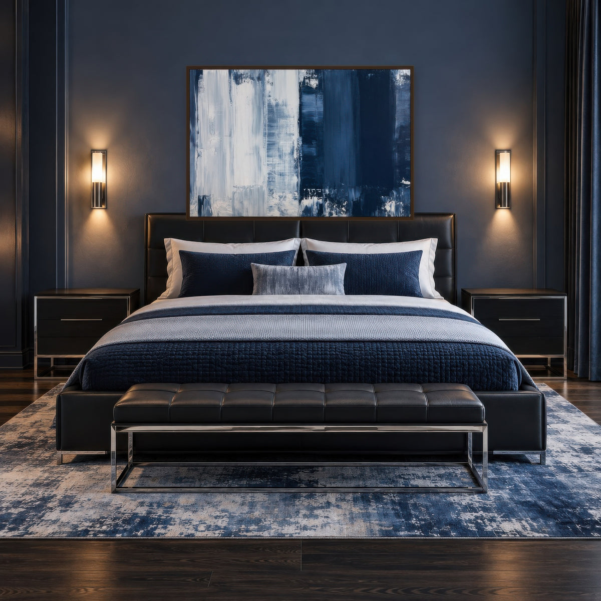 Navy and White Block Abstract wall art in a bedroom