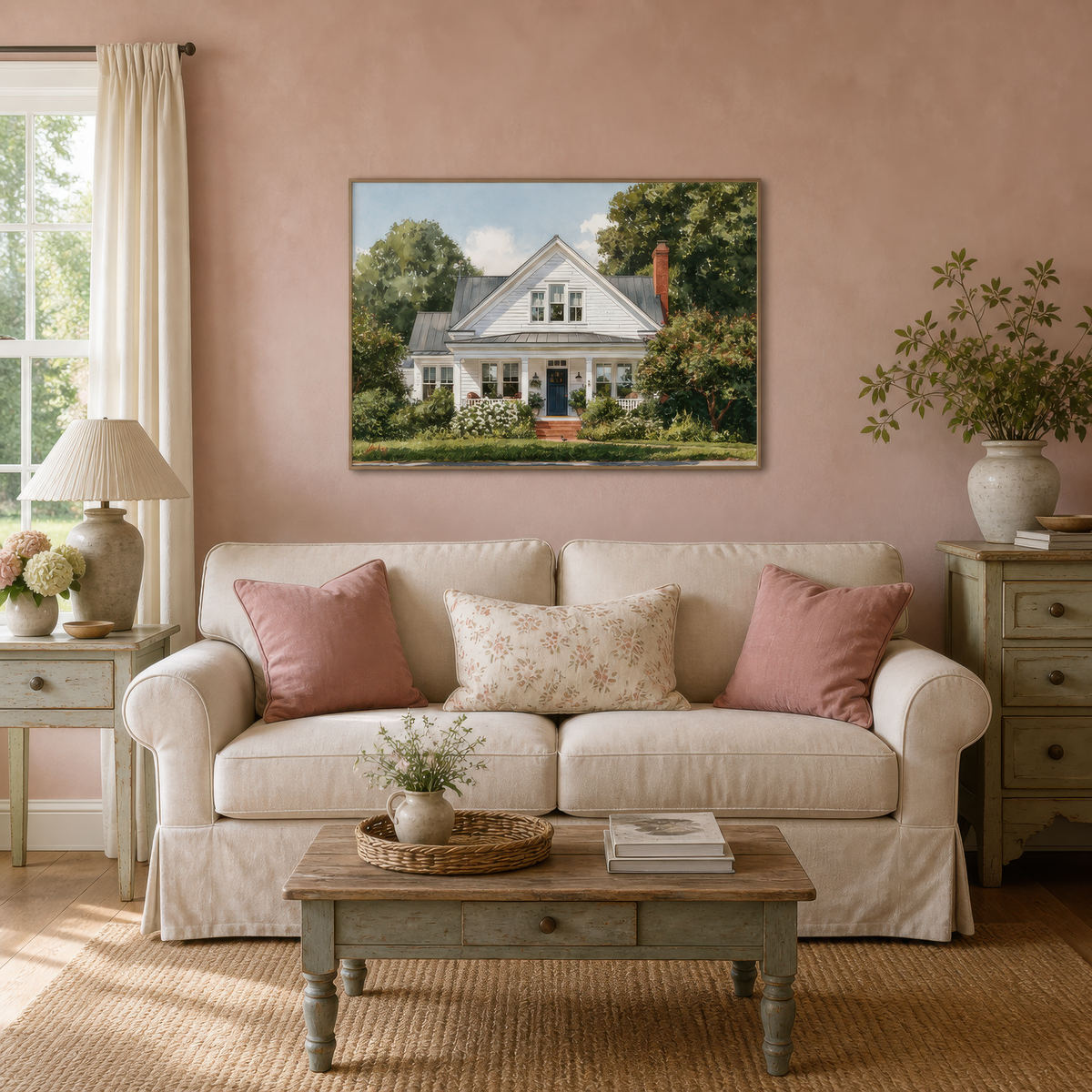 Sunny white farmhouse above a cream slipcovered sofa with blush pillows on a rose wall
