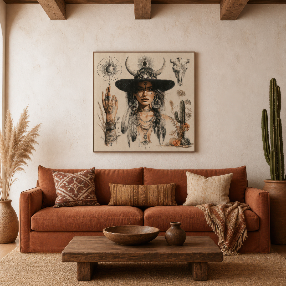 Desert oracle portrait above a rust sofa with patterned pillows in a plaster room with a cactus