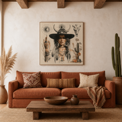 Desert oracle portrait above a rust sofa with patterned pillows in a plaster room with a cactus