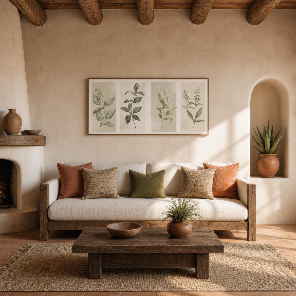 Four-Panel Botanical Sprig Illustration wall art print, alternate room view