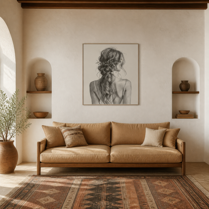 Sketch-style braided hair portrait above a tan leather sofa in a plaster room with arched niches