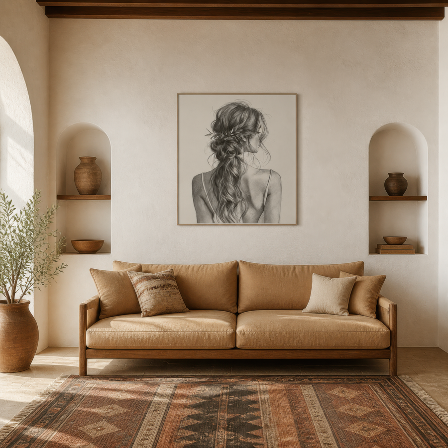 Braided Hair Sketch Portrait – Boho Wall Art