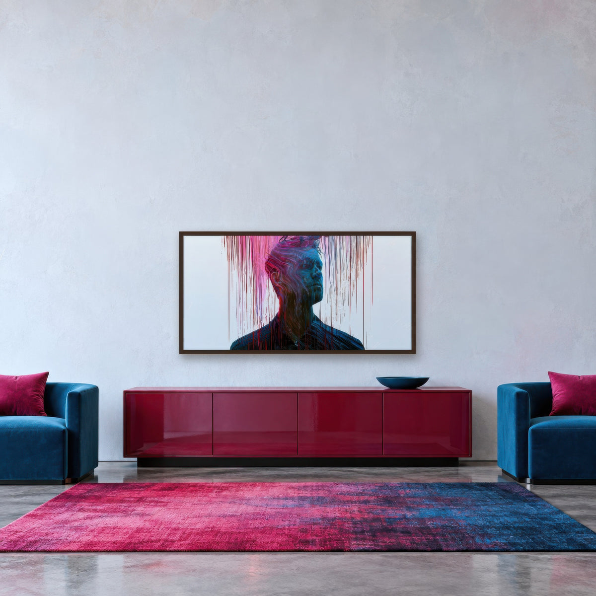 Color Drip Portrait in Red and Blue abstract portrait wall art in an entryway