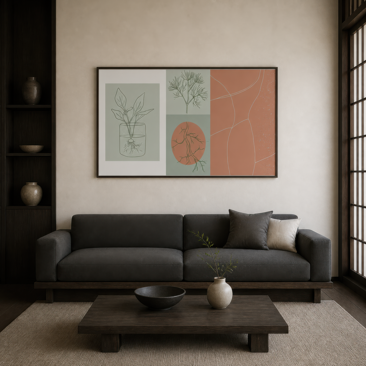 Sage and clay botanical panel above a charcoal sofa with a dark low coffee table