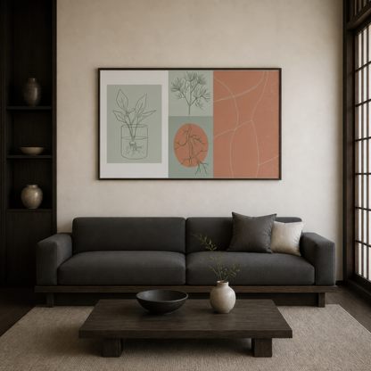 Sage and clay botanical panel above a charcoal sofa with a dark low coffee table