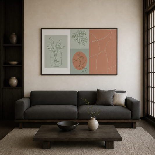 Sage and clay botanical panel above a charcoal sofa with a dark low coffee table