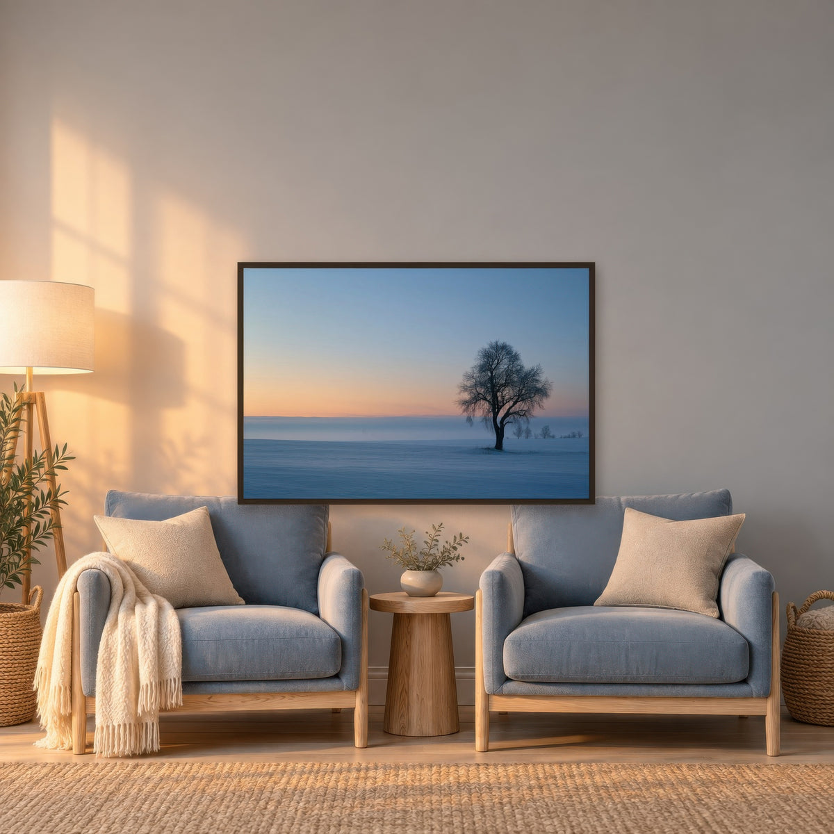 Soft Grey Horizon scandinavian wall art in a den