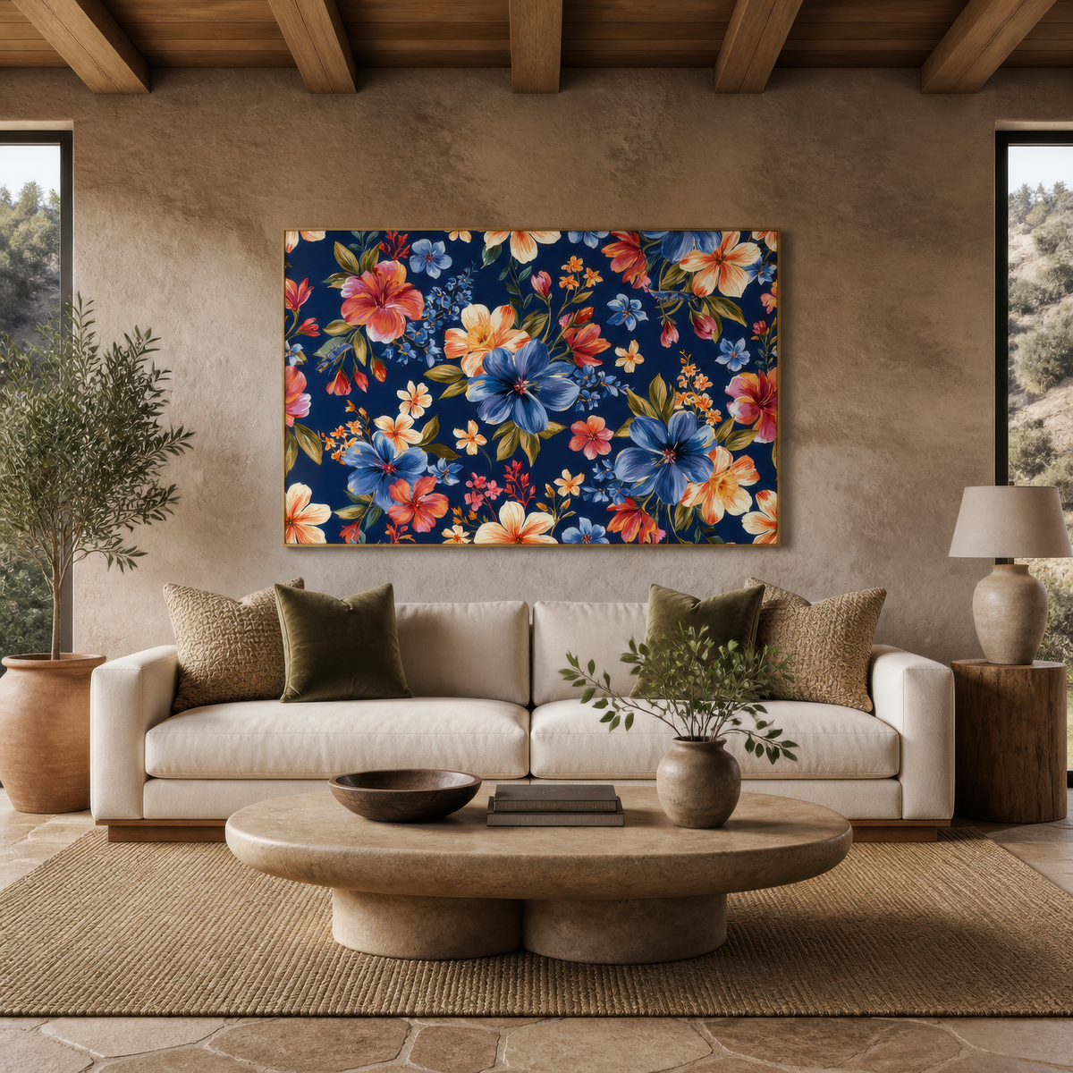 Bold Floral Pattern on Navy wall art print, alternate room view