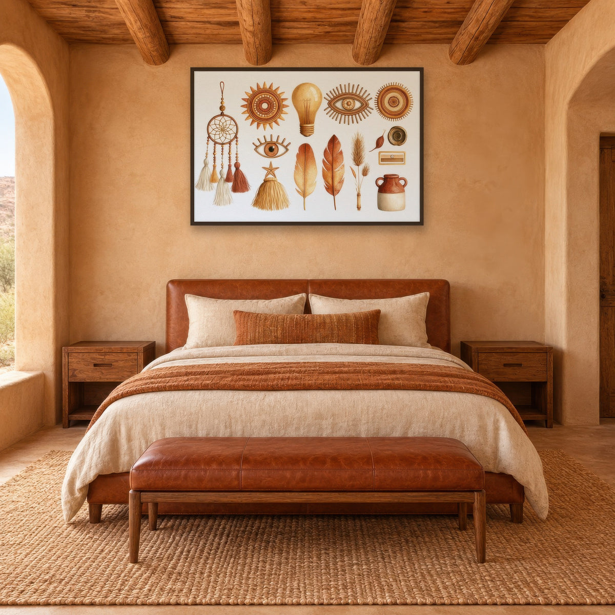 Sun and Eye Talisman Collection boho wall art in a bedroom
