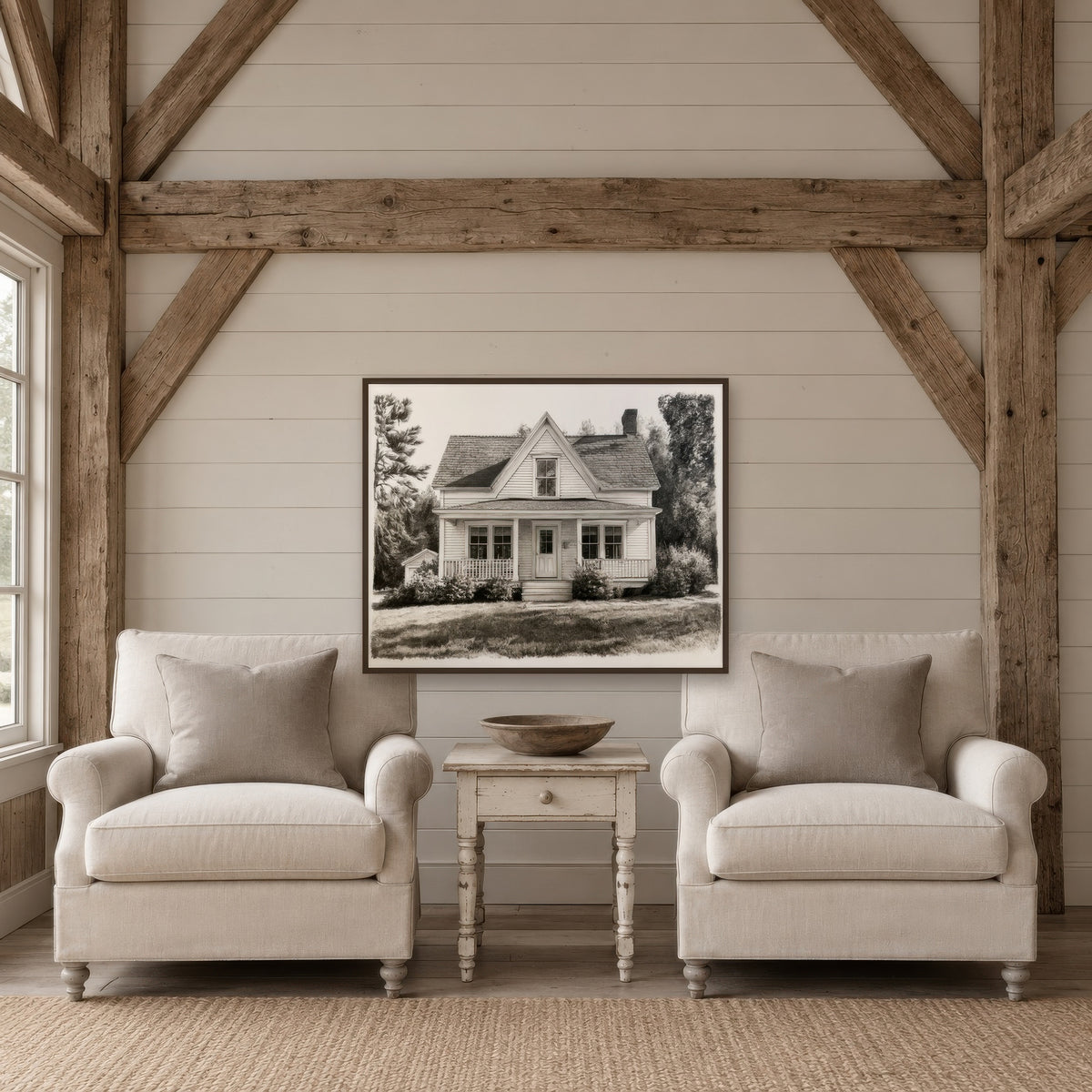 Charcoal Farmhouse Sketch farmhouse wall art in a den