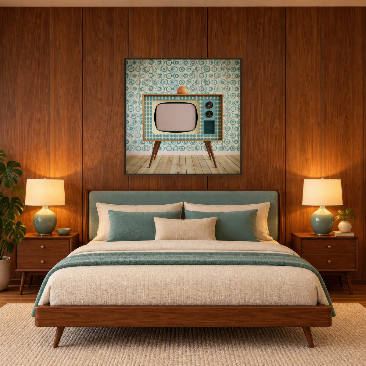 Vintage Television Set mid-century modern wall art in a bedroom