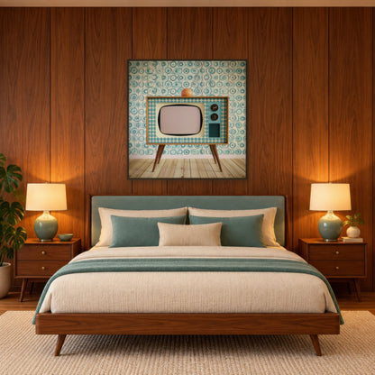 Vintage Television Set mid-century modern wall art in a bedroom