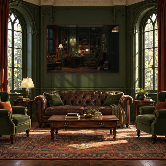 Lamplit Green Library dark academia wall art in a living room