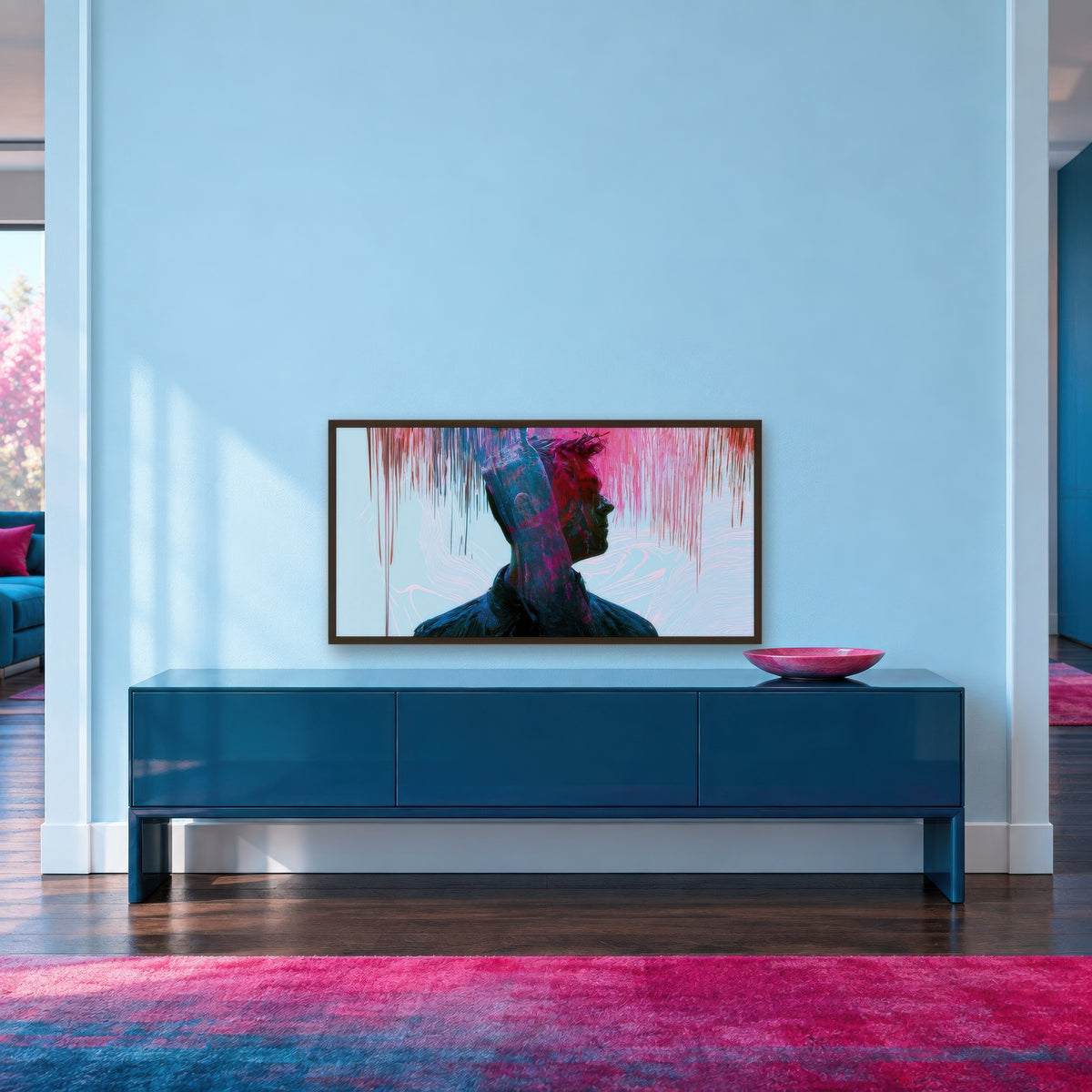 Double Profile in Red and Teal abstract portrait wall art in an entryway