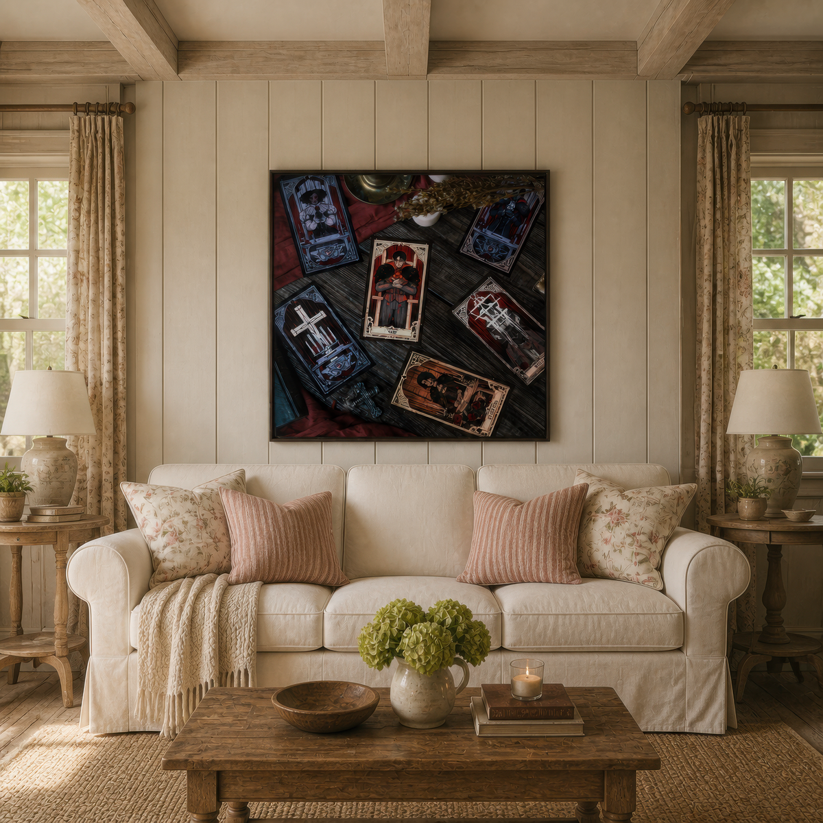Gothic Tarot Cards on a Wood Table wall art print, alternate room view