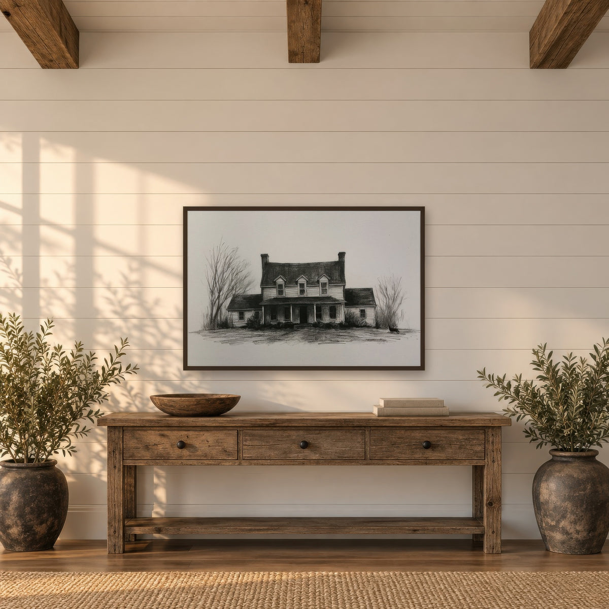 Farmhouse in Winter Sketch farmhouse wall art in an entryway
