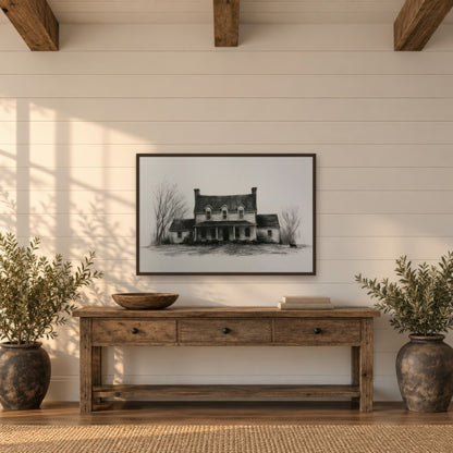Farmhouse in Winter Sketch farmhouse wall art in an entryway