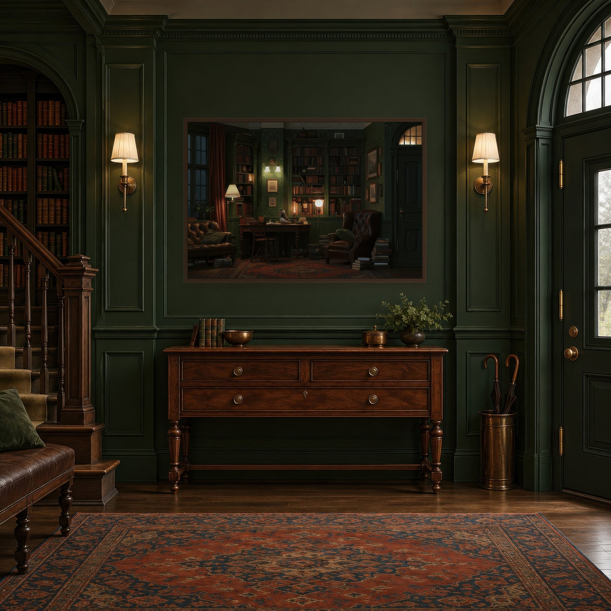 Lamplit Green Library dark academia wall art in an entryway