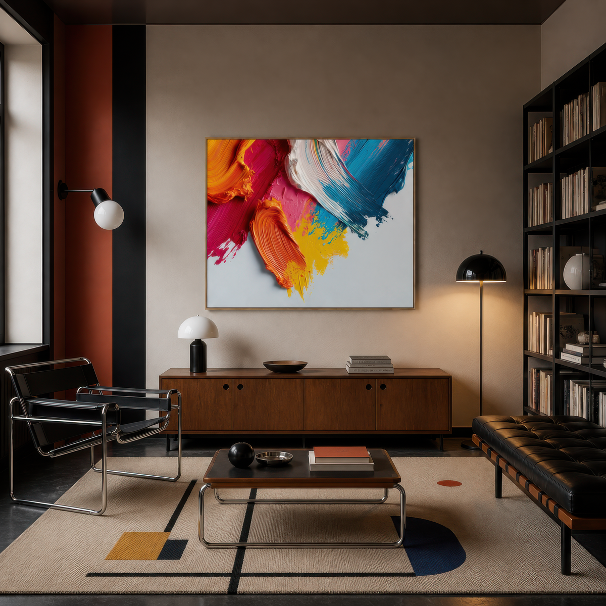 Joyful color strokes above a walnut credenza with a black tubular chair and bookshelves