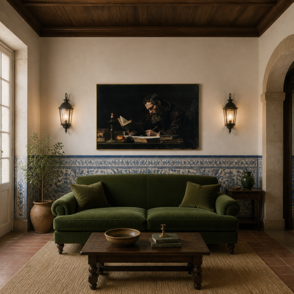 Marginalia above a dark green sofa on a white wall with blue tiled wainscot and sconces