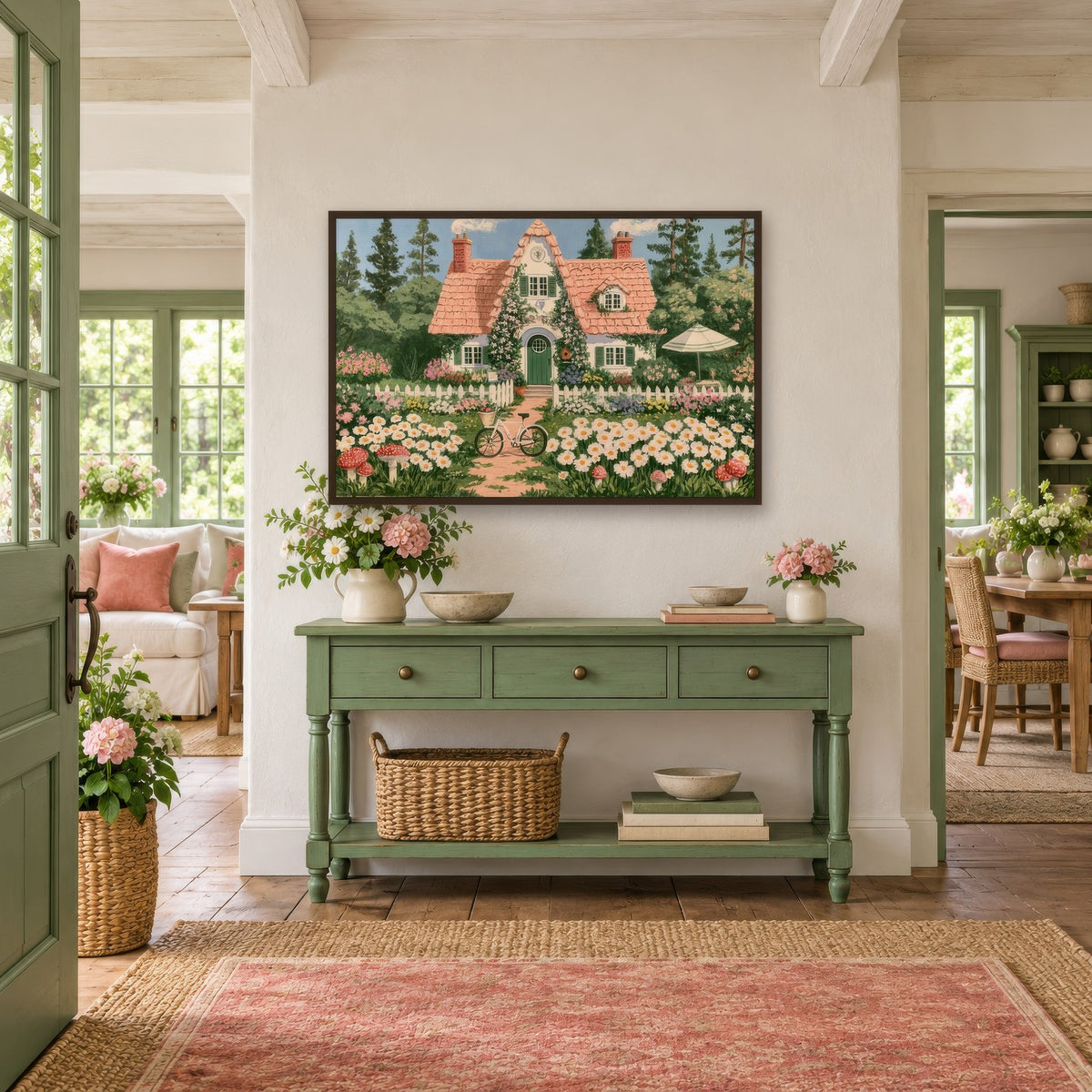 Storybook Garden Cottage cottagecore wall art in an entryway