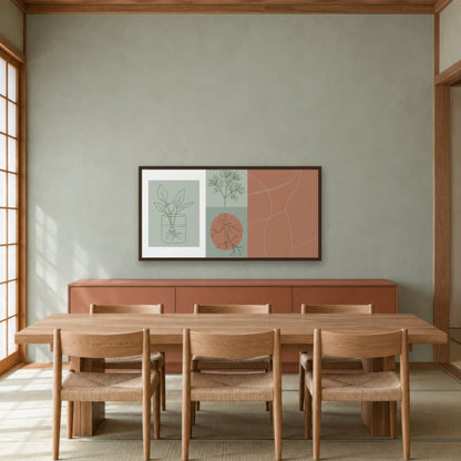 Sage and Clay Botanical Panel japandi wall art in a dining room