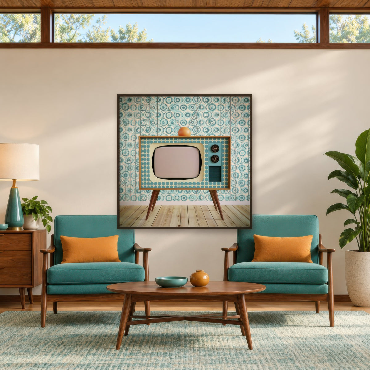 Vintage Television Set mid-century modern wall art in a den