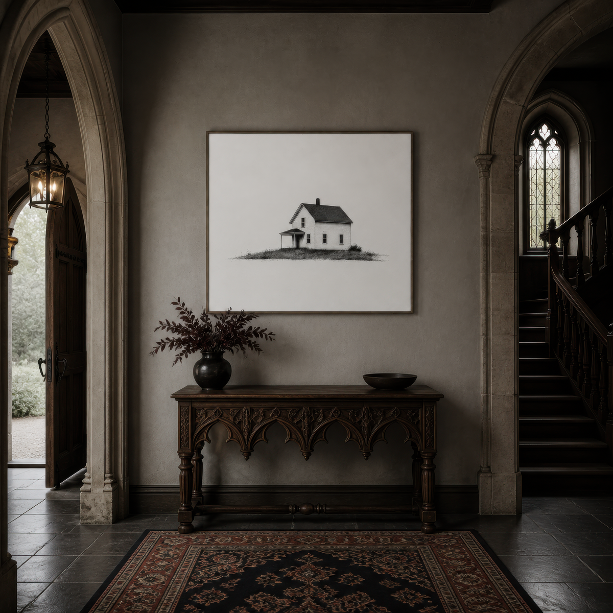 Low wide farmhouse with a porch above a carved console in a Gothic entryway with a lantern