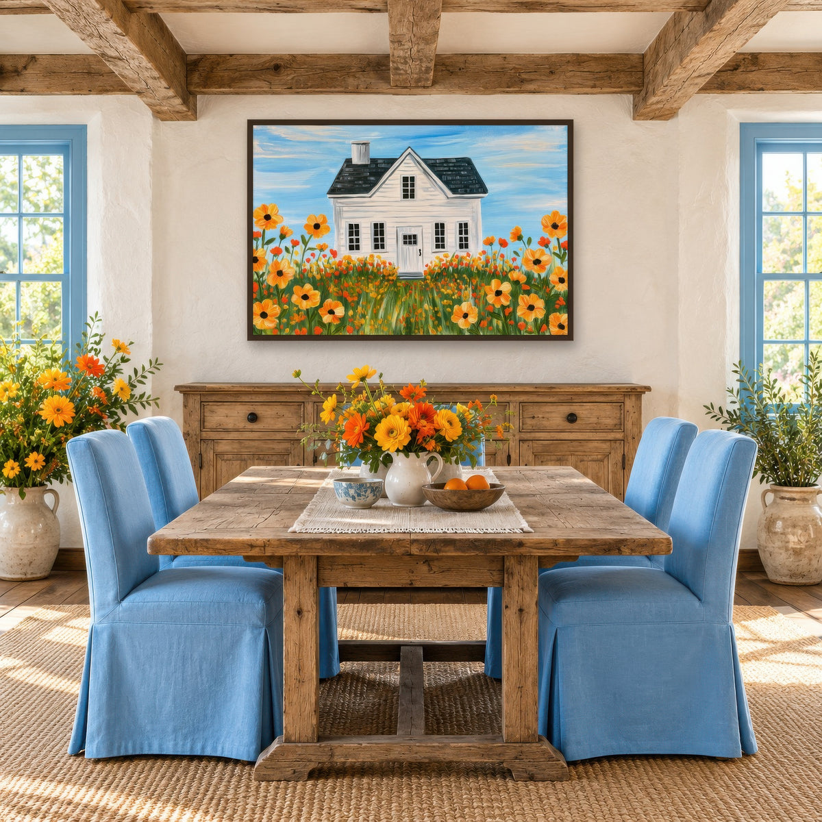Golden Meadow Farmhouse cottagecore wall art in a dining room