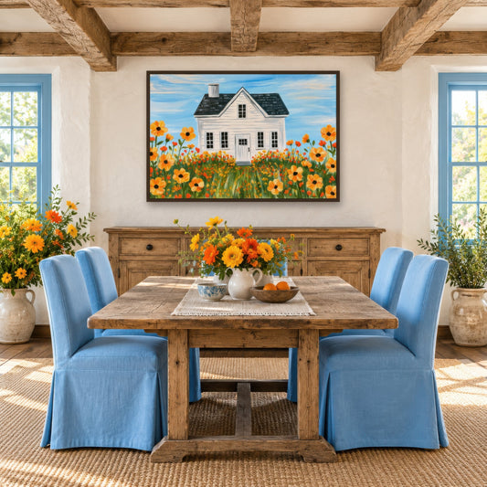 Golden Meadow Farmhouse cottagecore wall art in a dining room