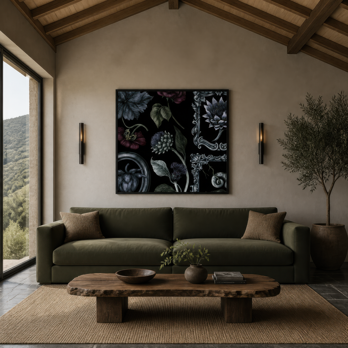 Baroque Thistle and Leaf Illustration wall art print, alternate room view