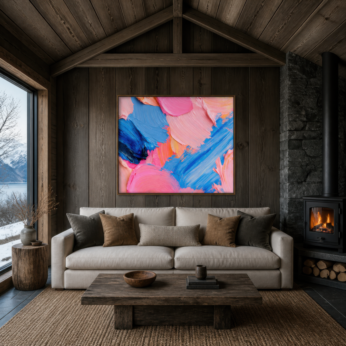 Technicolor bloom above a cream sofa with tan pillows on a dark timber A-frame wall
