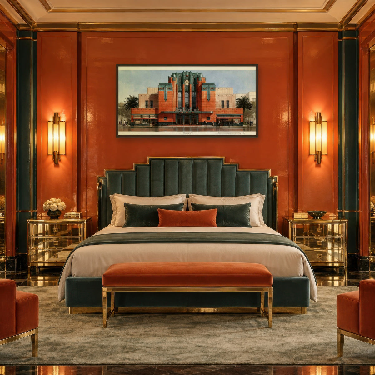 Terracotta Deco Theater art deco wall art in a bedroom