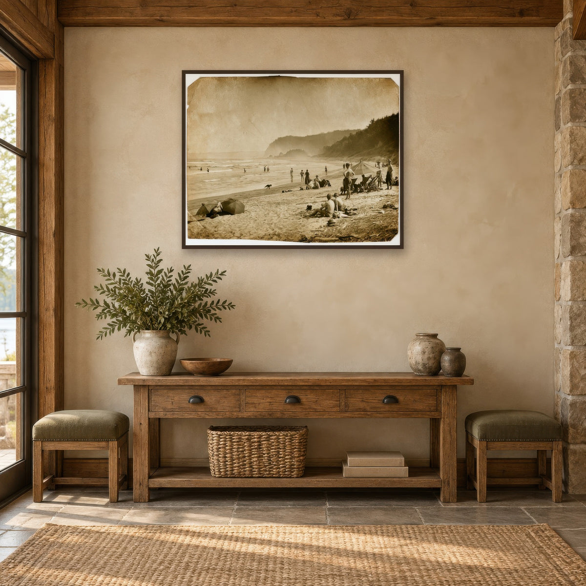 Vintage Style Sepia Beach Scene landscape wall art in an entryway