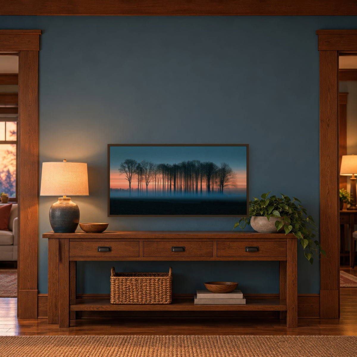 Misty Treeline at Dusk landscape wall art in an entryway