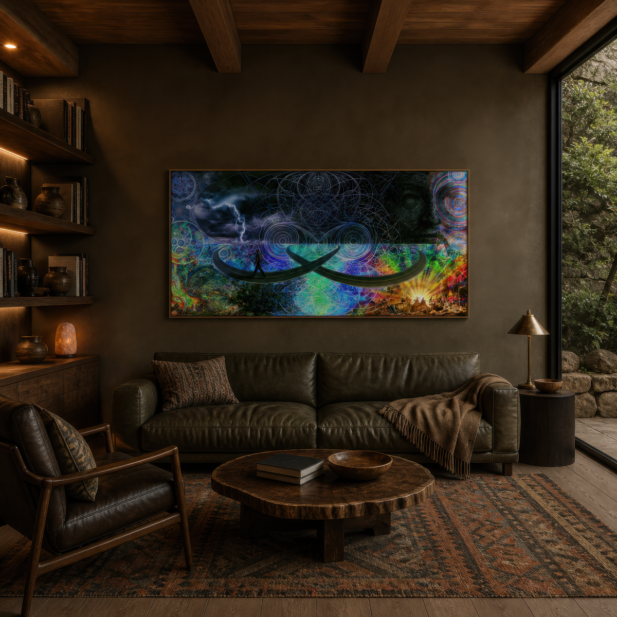 Cosmic storm mandala above a brown leather sofa with dark shelving and a Persian rug